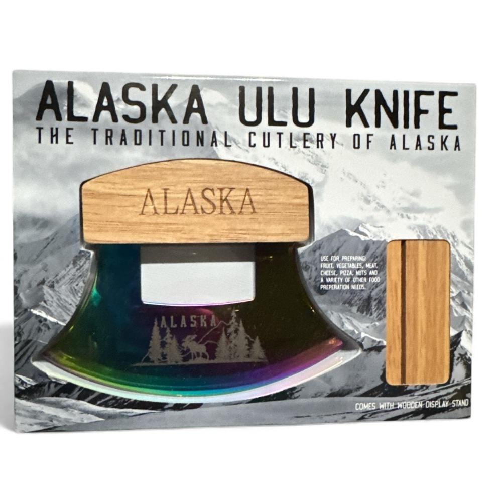 NEW DESIGN: NWT Alaska ulu knife. Alaska Moose w/Aurora Colors.